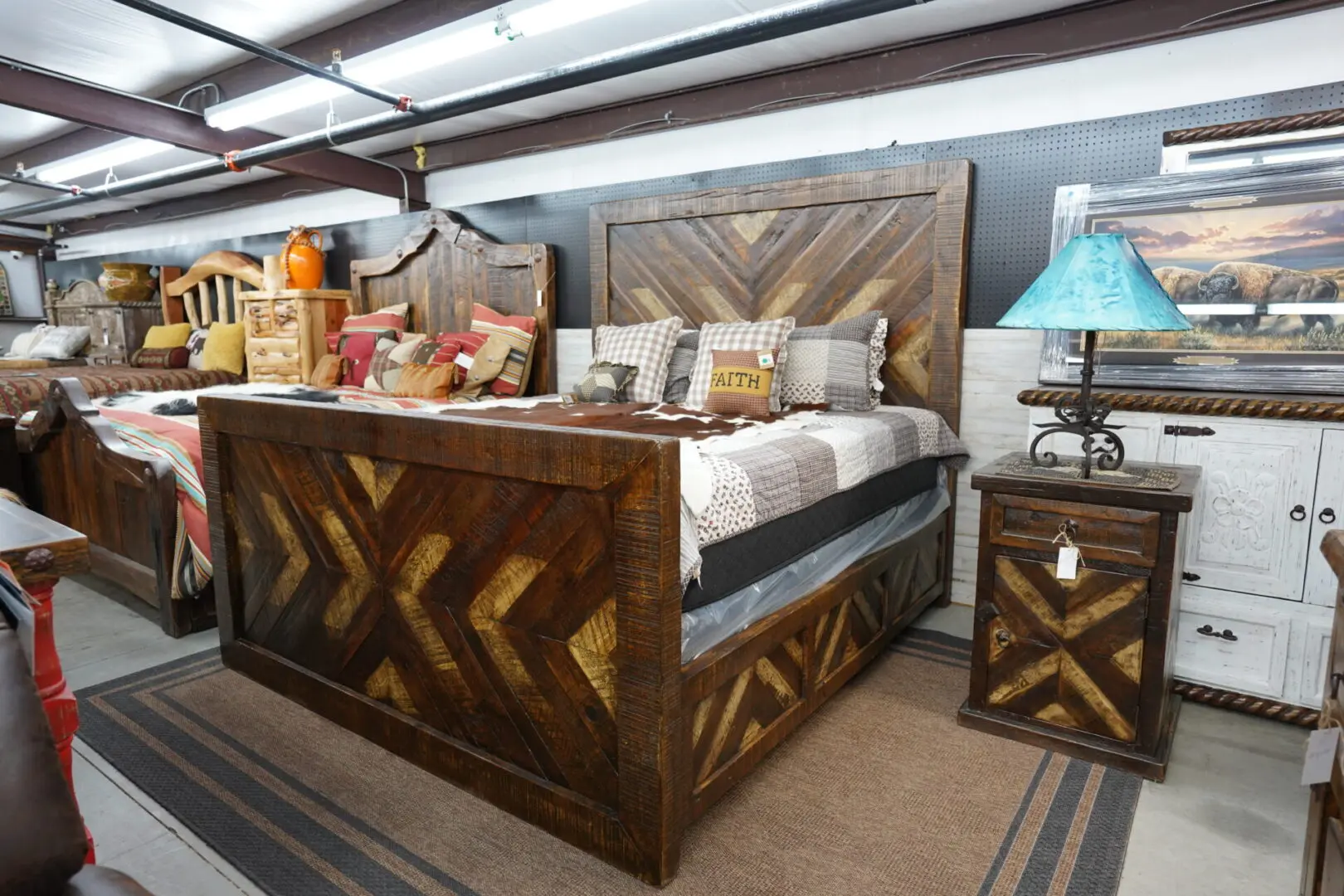 A bed and nightstand made of wood with a wooden pattern.