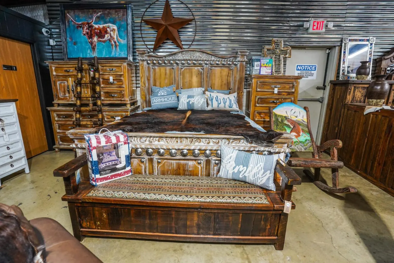 A bed with wooden headboard and footboard.