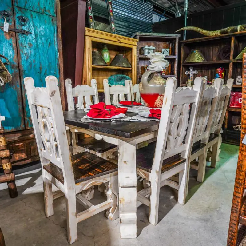 Rustic wooden dining table and chairs.