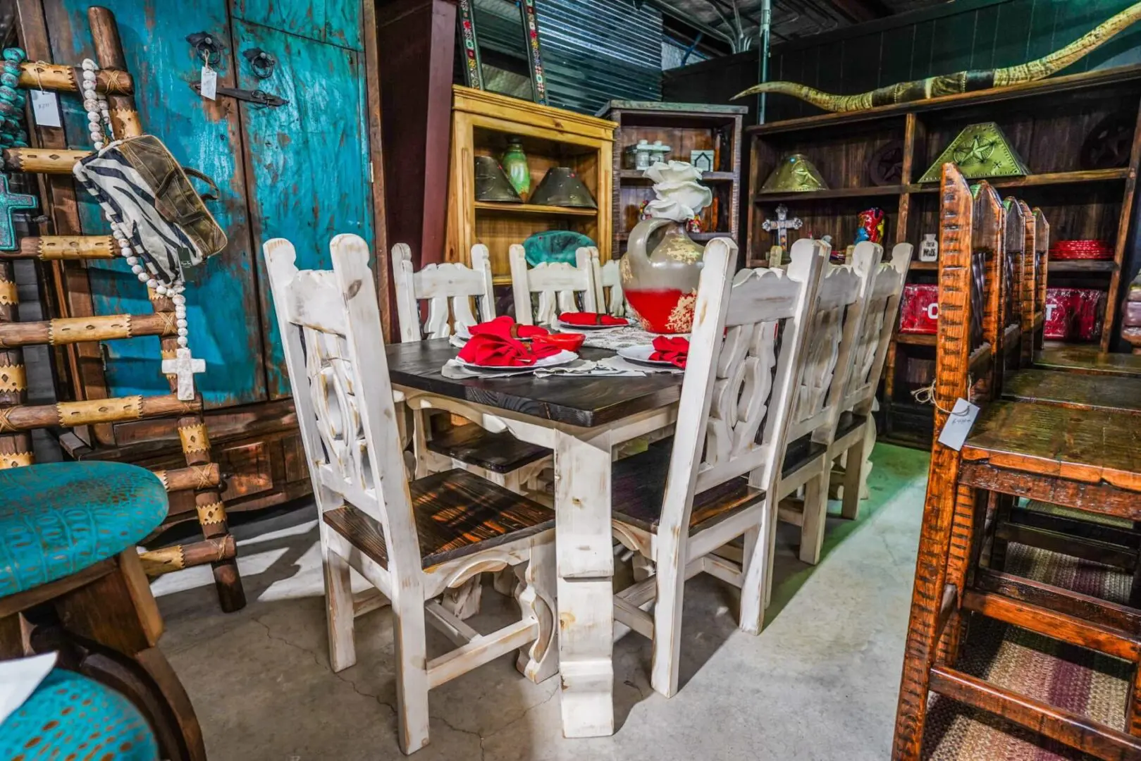 Rustic wooden dining table and chairs.