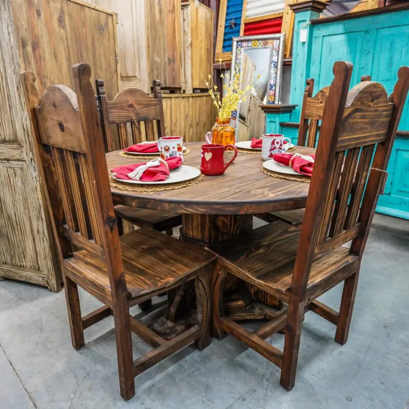 Rustic wooden dining table and chairs.