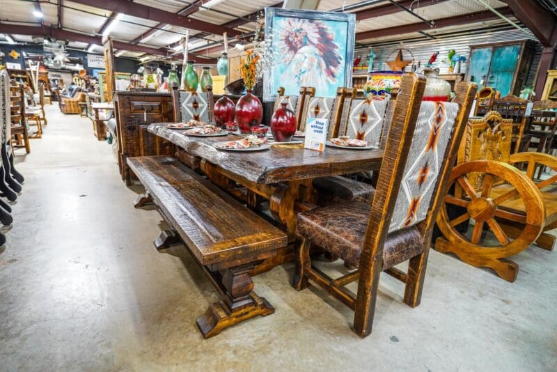 Rustic wooden dining table and chairs.