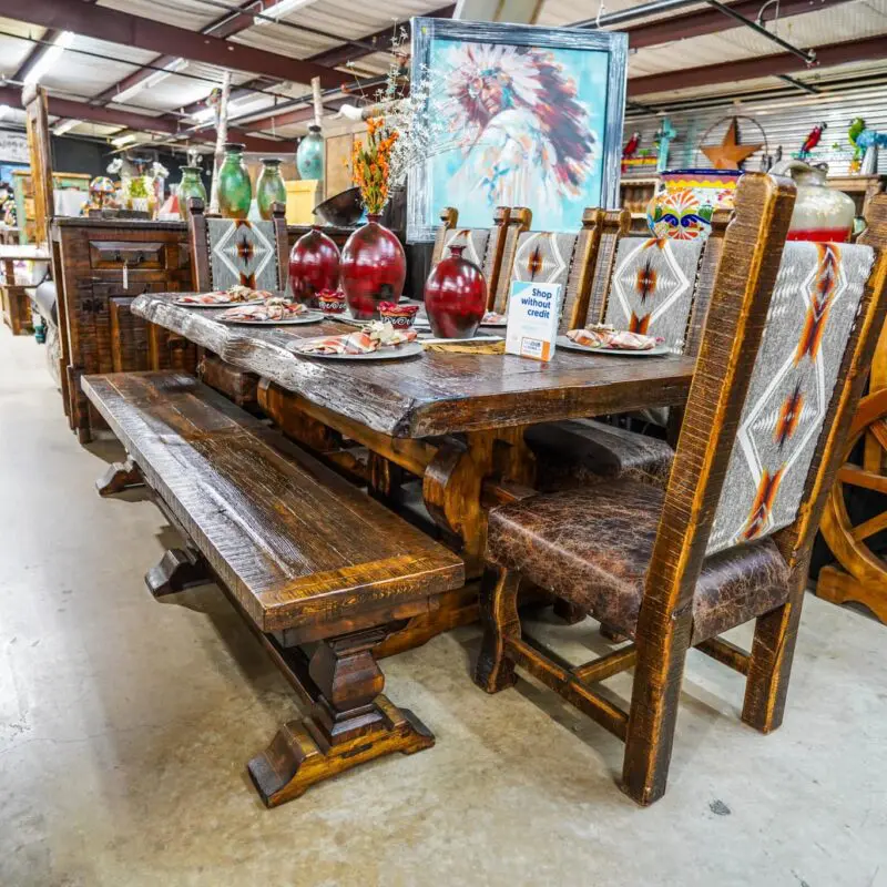 Rustic wooden dining table and chairs.