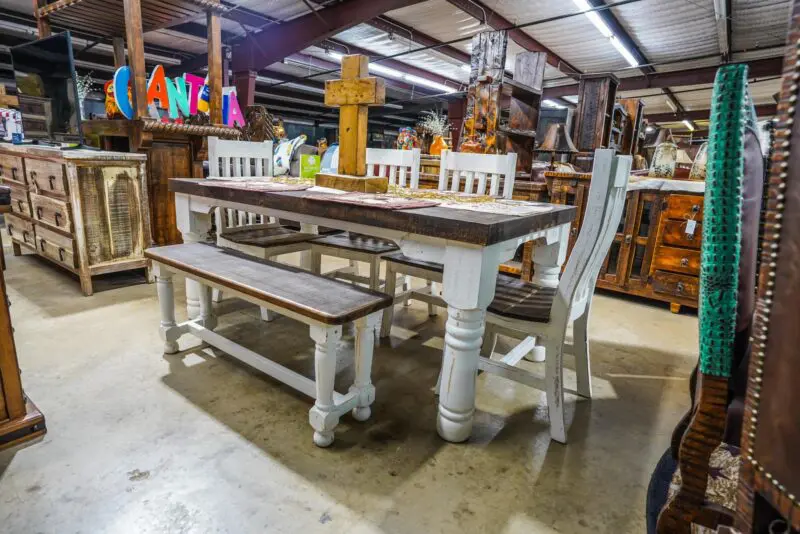 White farmhouse table and bench set.