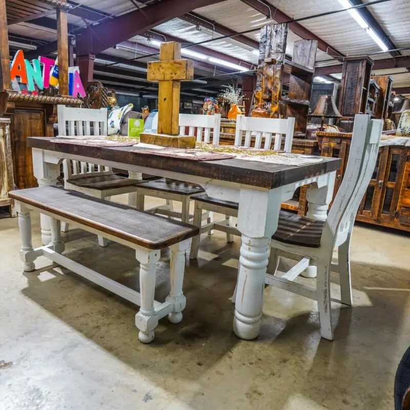 White farmhouse table and bench set.