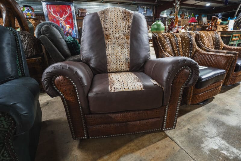 Brown leather recliner with alligator print.