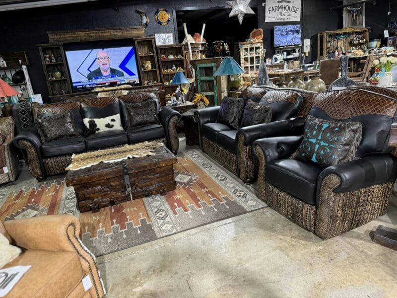 Leather furniture in a rustic living room.