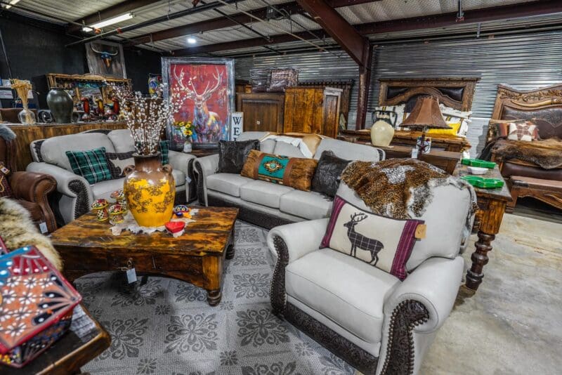 Western-themed living room furniture with a rug.